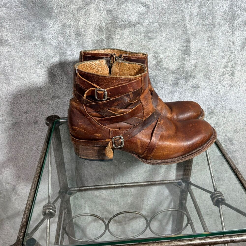 Freebird Sammi Boots Womens 7 Brown Leather Distress Belted Strapy Ankle Bootie - Picture 1 of 10